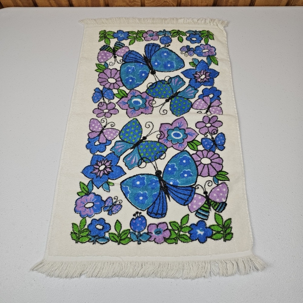 Vtg Cannon Hand Towel Blue Purple Butterfly Floral Fringe Cotton USA MCM Mod